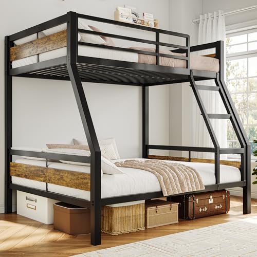 Image of iPormis Metal Bunk Bed Twin Over Full, Heavy Duty Bunk with High Guardrail and Safety Entrance Design, Under-Bed Storage Space, Easy Assembly, Noise Free, Rustic Brown