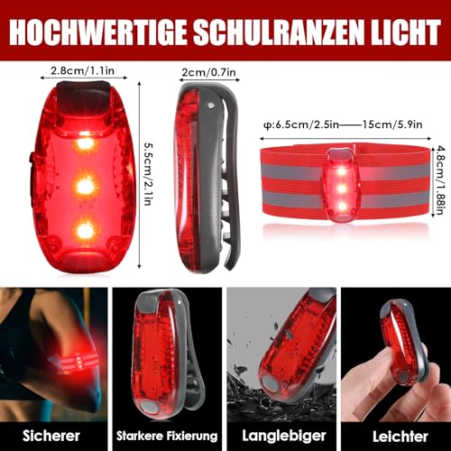 ertlutw LED Sicherheitslicht, 2 Rote LED Blinklicht Schulranzen USB Aufladbar für Kinder Schulranzen Hunde Bergsteiger Nachtläufer Leuchtanhänger mit Batterien Clip Dauerlicht