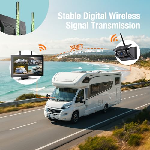 Image of 4 Magnetic Solar Wireless Backup Cameras 1080P 9 inchTouchscreen with DVR,328FT | 15,000mAh Rechargeable Battery,1-Min Install No Wiring,Clear Night Vision,Long Life,Loop Recording,for Truck Trailer SUV RV