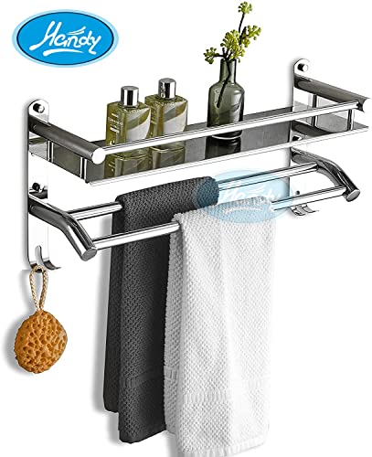 HANDY Stainless Steel Bathroom Accessories Luxurious 2 Layer Bathroom Shelf with Towel Rod and Hook Multipurpose Wall Mount Bathroom Shelves with Hook (Silver - 16 x 5 x 9 Inch) (Image - 3)