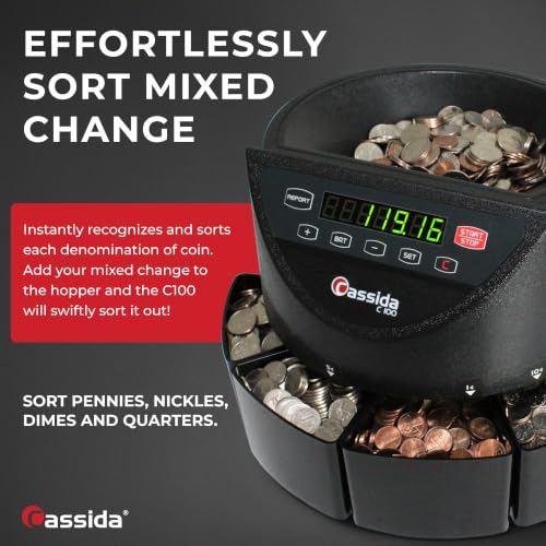 Image of Cassida C100 Electronic Coin Sorter /Counter, Countable coins 1¢, 5¢, 10¢, 25¢, 250 coins /min, 110 VAC