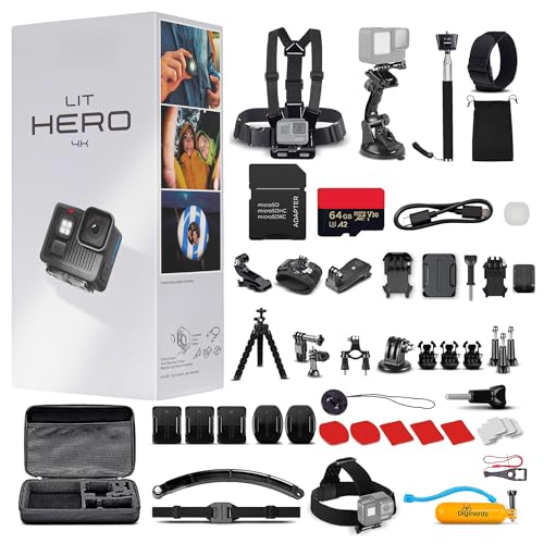 GoPro LIT Hero 4K Lightweight Compact Action Camera (Go Pro Hero LIT) | Built-in LED Light | HyperSmooth Stabilization | for Vlogging Sports & Travel + 50 Piece Accessory Kit + 64GB Card + More