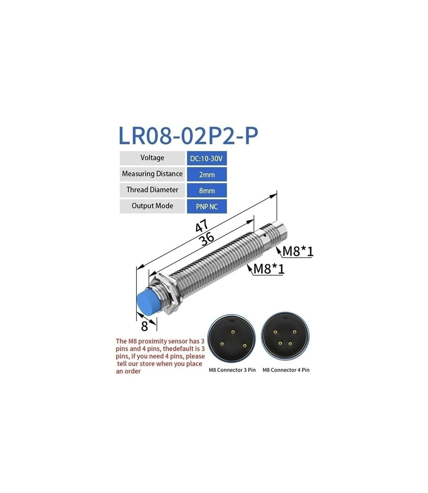 ChuFort Złącze M8 Indukcyjny czujnik zbliżeniowy 3pin 4pin NPN PNP(2MM DC 3-wire PNP NC)