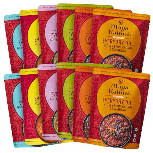Image of Maya Kaimal Foods - Organic Indian Everyday Dal - 12 pack variety of 10oz Ready to Eat Meals - Fully Cooked - Vegan - Kosher - Microwavable - made from Lentils, Beans, Squash, Coconut, Peas