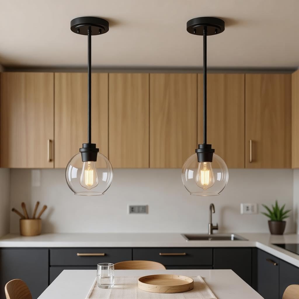 Pendant Light – 7 Inch Modern Hanging Fixture with Clear Glass Globe & Matte Black Finish, Adjustable Iron Rods & Sloped Ceiling Compatible for Kitchen Island Dining Room Bedroom Hallway, 2 Pack