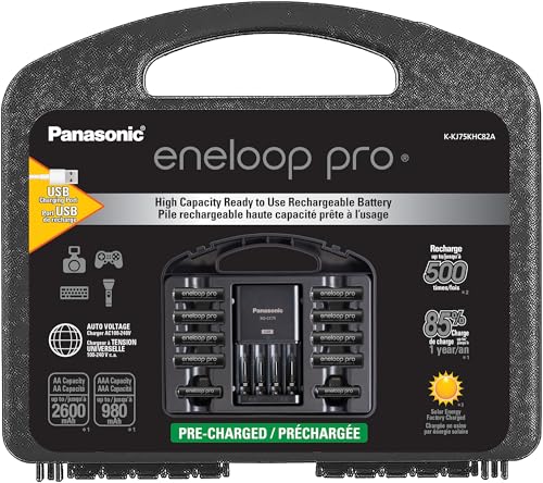 Panasonic K-KJ75KHC82A eneloop pro High Capacity Rechargeable Batteries Power Pack 8AA, 2AAA, Advanced Battery Charger with USB Charging Port and Plastic Storage Case