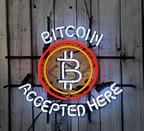 Image of Handmade Real Glass Neon Tube Wall Decor 24x20 Inches, Compatible For Bitcoin Accepted Here Neon Sign, Beer Light Sign for Man Cave Pub Store Restaurant