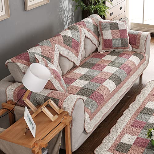 Vctops Boho Floral Patchwork Sofa Cover, Cotton Quilted Sectional Couch Covers, Non-Slip Soft Sofa Slipcover For Dogs Cats Pet Love Seat Recliner Leather L Shaped, Armrest Backrest Cover(Pink,43"X82") #TOP2