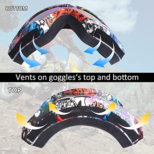 Image of Dirt Bike ATV Goggles Motorcycle Motocorss Riding Racing Glasses | Offroad Bike Goggles, UV400, Anti-Fog Scratch Lens, Dustproof Windproof, for Men Women Youth, Graffiti Frame + Colorful Lens