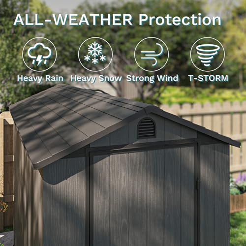 Image of Patiowell 4x8 FT Plastic Outdoor Storage Shed with Floor, Garden Tool Shed with Two Windows and Single Lockable Door for Garden, Backyard, Lawn, Easy to Install, Dark Gray