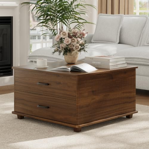 Image of MALOL Storage Coffee Table with 2 Drawers & Flip-Top Lid with Hidden Storage, Modern Fluted Wood Coffee Table, Solid Wood Legs, Square Center Table for Living Room, Walnut