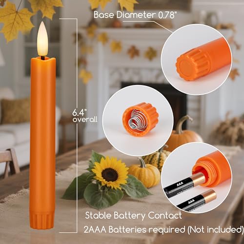 Image of Orange Flameless Taper Candles, 6 Inch Plastic Battery Operated Candles with Remote, Flickering Short Led Candleticks for Fall, Thanksgiving, Harvest, Halloween Decor, 6 Pack