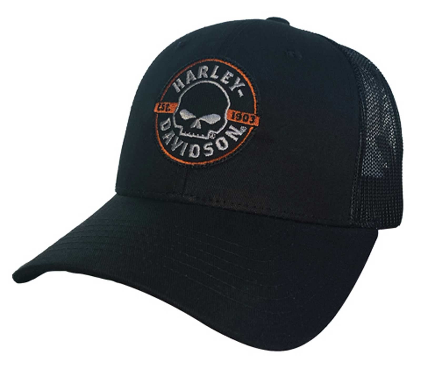 Harley-Davidson Men's Embers Skull Adjustable Snapback Mesh Trucker Hat - Black