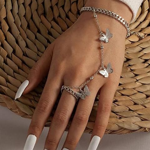 SJHFG Butterfly Finger Ring Bracelet Exquisite Hollow Butterfly Dainty Hand Chain Harness Bangle Bracelet Gifts for Girlfriend Girls,Silver Cover