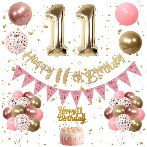 Kradeler 11th Birthday Decorations Women Gold Birthday Banner Retro Pink Gold Latex Balloons Party Decorations Confetti Balloons for Women