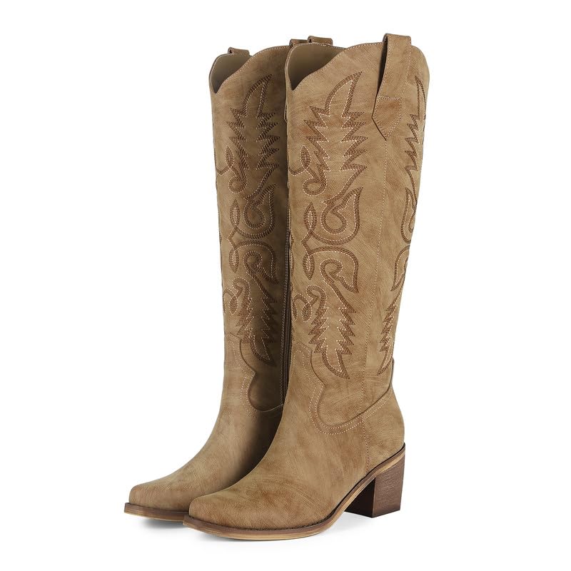 Image of ZJA Cowgirl Knee High Embroidery Pointed Toe Boots for Women