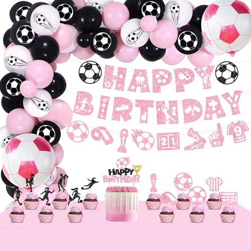 Arche de ballons rose noire et bannière anniversaire football fille