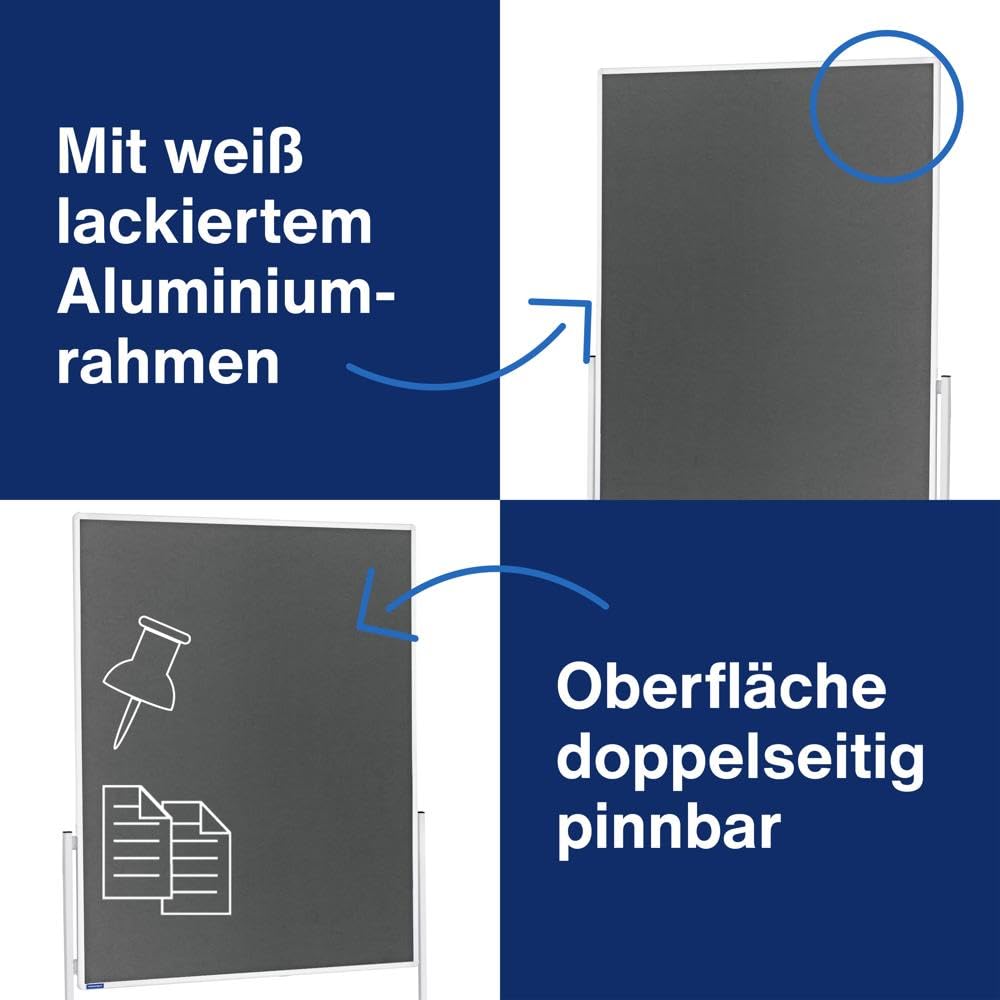 magnetoplan Moderationstafel einteilig, Filz Grau l Doppelseitig BxH 1200x1500mm l Aluminiumrahmen Weiß l Mobile Präsentationstafel l Mit 4 Lenkrollen & stabilem Stahlgestell l Für Büro & Schulung