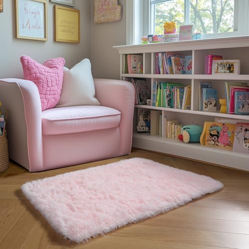 Amdrebio Pink 2x3 Small Area Rugs for Girls Bedroom, Mini Fluffy Shaggy Throw Rug for Kids Room Decor, Cute Shag Fuzzy Carpet for Living Room Door Entryway Baby Nursery Preppy Dorm Playroom, Washable