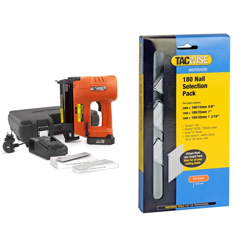 Tacwise1506 Ranger EL-PRO, 18V Cordless 2-in-1 Staple/Nail Gun with 18V Battery, Orange & 0205 Selection Pack of Type 180/15-30 mm Galvanised 18G Brad Nails, Pack of 4,000
