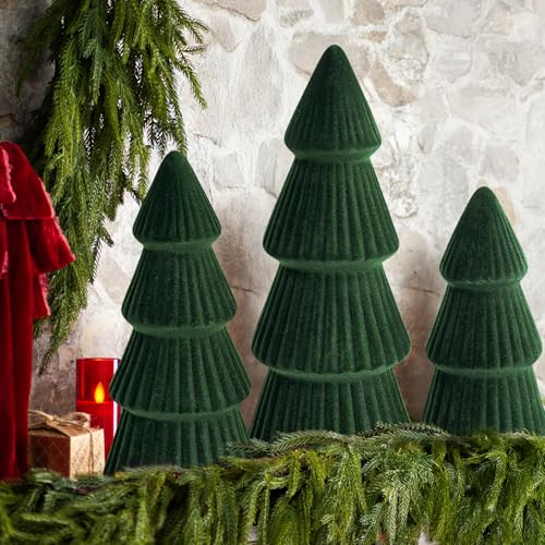 Christmas Decorations - Set of 3 Velvet Ceramic Christmas Trees - Modern Cone Indoor Christmas...