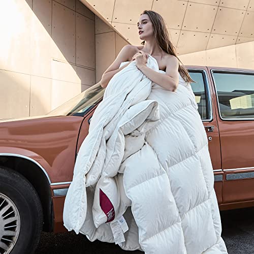 Airluck Feather Down Comforter Queen Size Full Duvet Insert Hotel Fluffy Solid White 90X90 Inches Winter Warmth 60Oz Soft Down Proof Cotton Poly Cover With Corner Tabs #TOP5