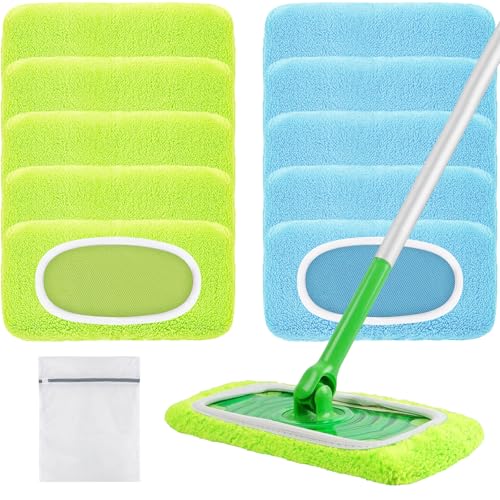 Nicemiya 10 Stück Bodentücher für Swiffer Bodenwischer Nass Wiederverwendbaren Mikrofaser Wischmopbezug Ideal für Swiffer Bodenwischer Wet & Dry StarterHellblau+Hellgrün