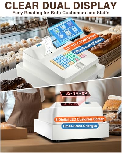 Image of PYY Cash Register for Small Businesses - Commercial Electronic Caja Registradora para Negocio with White Medium Locked Cash Drawer Box System Restaurant Supermarket White