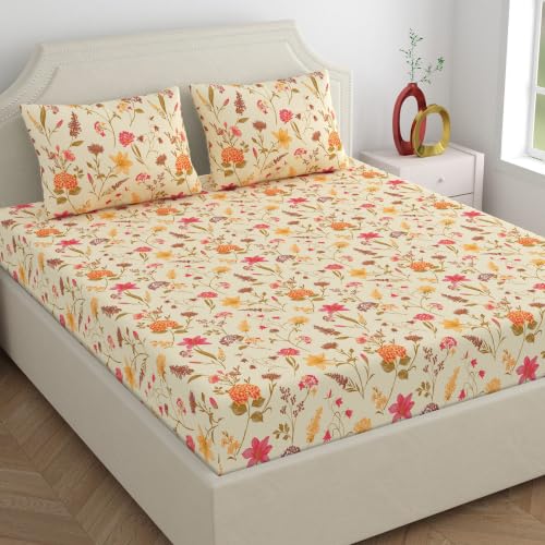 Image of Home Ecstasy 100% Cotton Double Bedsheet with 2 Pillow Covers - (Size 87 x 98 inches, 140 TC, Colour - Beige)