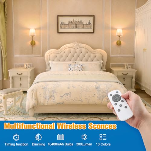 Image of NIORSUN Battery Operated Wall Sconce Set of 2,Beige-Gold Rechargeable Wall Lights with 10400mAh Dimmable Bulbs and Remote, 9 Colors Wireless Wall Lamps for Bedroom Living Room Hallway