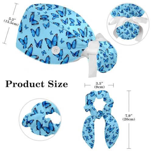 Image of Butterfly Scrub Cap Women with Ponytail & Buttons Adjustable Surgical Nurse Hat with Cotton Sweatband for Long Hair