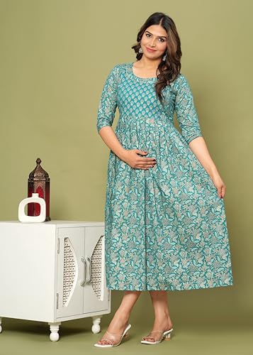 Image of Maternity Feeding Kurti for Women | Cotton Blend Anarkali Dress with Nursing Zip for Pre & Post Pregnancy