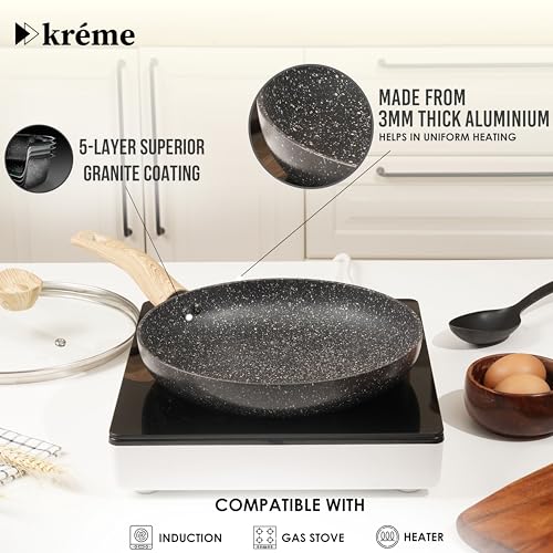 Image of Kreme Venetia Premium Granite Non-Stick 4 Pc Cookware Set | 24cm /2.5L Kadai with Lid 24cm /1.4L Frypan, 28cm Dosa Tawa | Granite Coating | Induction & Gas Stove Use | Healthy Low-Oil Cooking, Grey