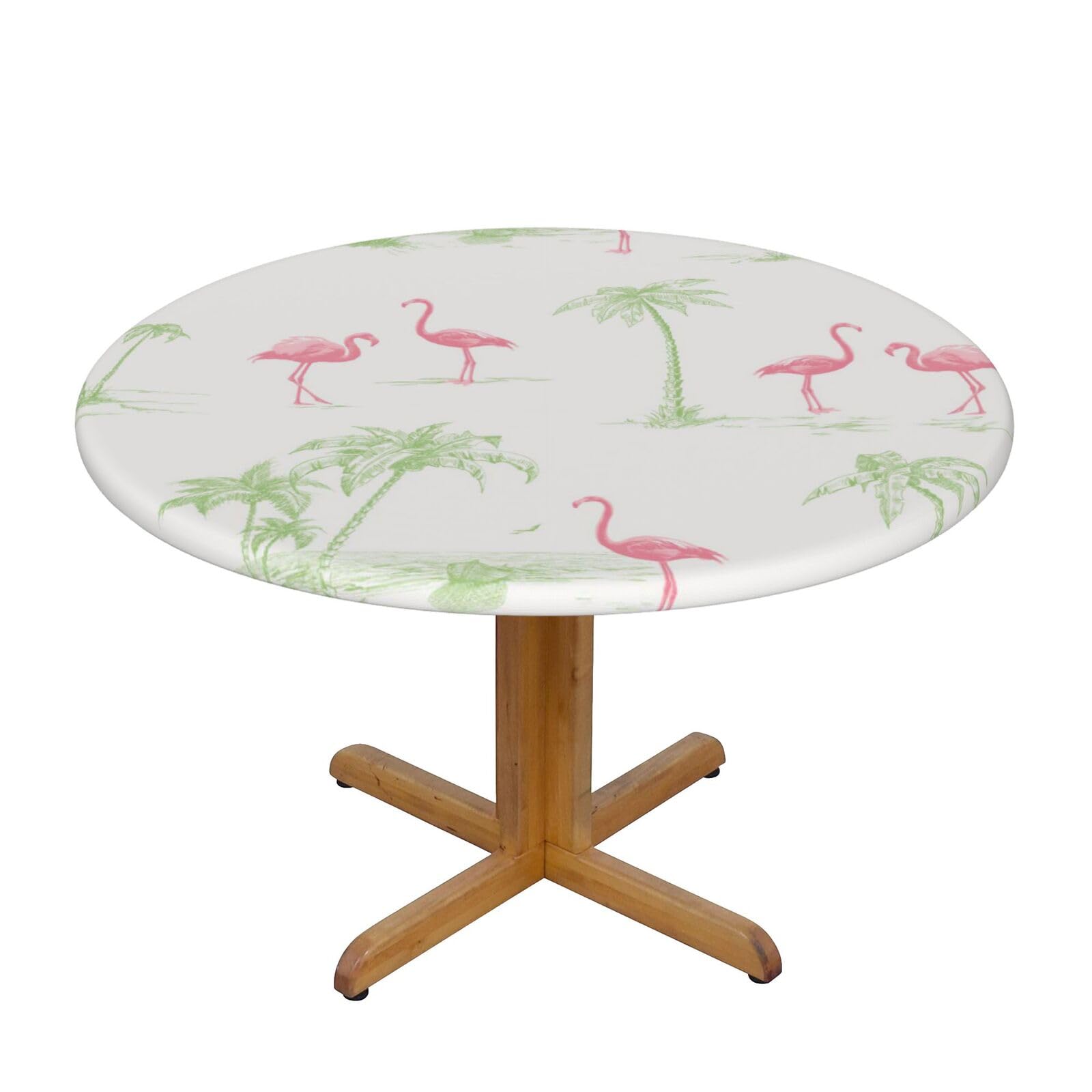 Ffshkowe Pink Flamingos Elastic Round Tablecloth Oil Proof Table Cover For Dining Party Picnic