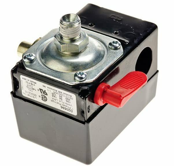 D20596 Air Compressor Replacement ON Off Pressure Switch, Preset to 140/175 PSI, Push Button, Pressure Actuator, Automatic Operation, Black