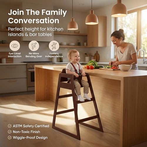 Image of Dark Brown Wooden Bar Height Restaurant High Chair - Stackable Rubberwood Dining Chair for Bar Height Tables, Easy-Clean Finish, Commercial Restaurant Seating