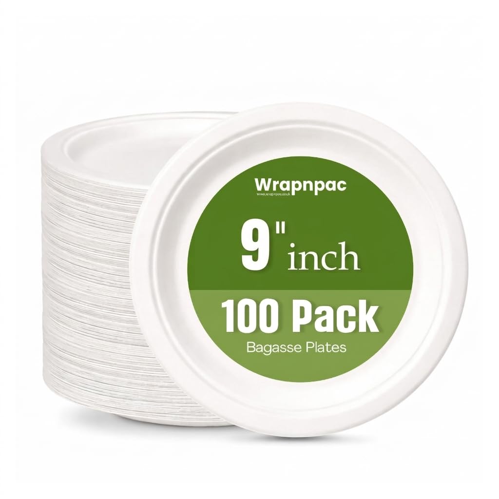 Wrap n Pac 9 inch Round Disposable Biodegradable Bagasse Sugarcane Wedding Party Plates Eco Friendly Tableware Plates (9 Inch - Pack of 100)