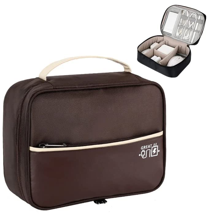 Electronic Organizer Bag, Double Layer Electronic Accessories Bag Organizer, Cable Organizer Bag, Gadgets Organizer Travel Case for Cables Cords Earphone Hard Drive Phone Charger Mouse etc. (Brown)