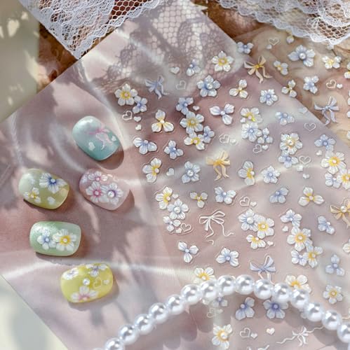 Image of Flower Nail Stickers Decals Holographic Floral Nail Decals 5D Embossed Self Adhesive with Pearl Design for Women DIY Manicure Charms Supply Decoration