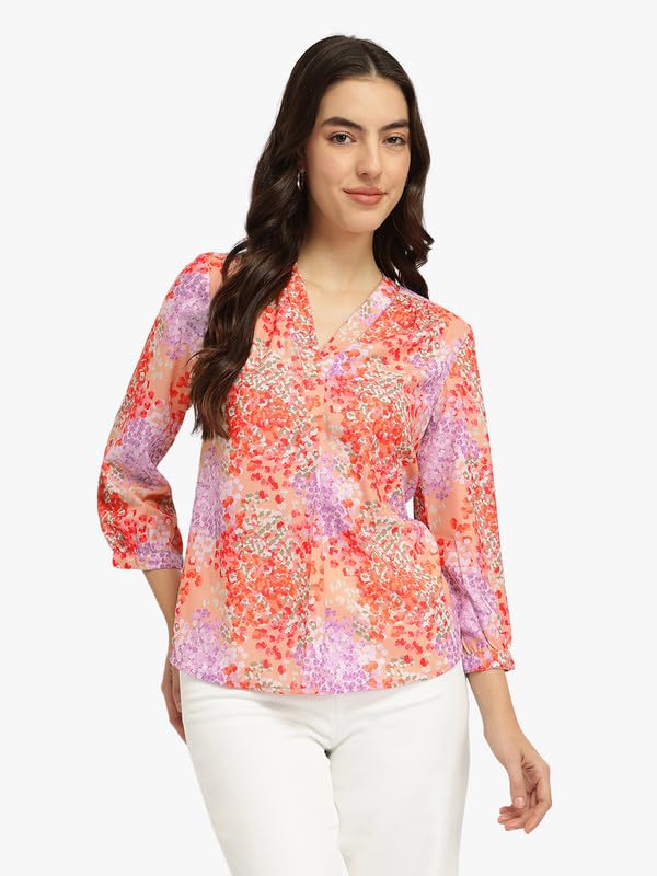 Image of FableStreet Women Formal & Casual Top | V-Neckline with Gathered Back Detail & Three-Quarter Sleeves | Premium Satin Fabric for Office Wear & Sophisticated Outings