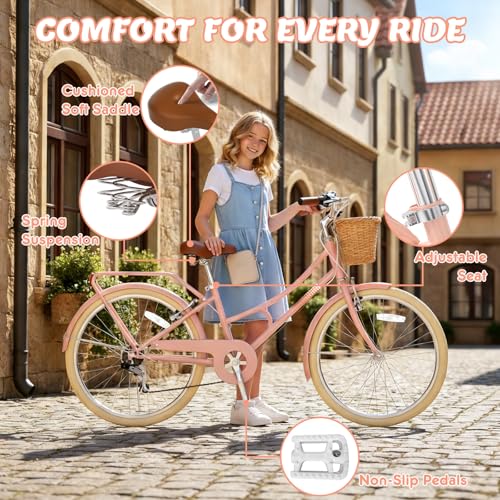 Image of XJD 20 24 26 Inch Girls Bike, 7-Speed Beach Cruiser Bike for Girls Youth and Over 6 Years Old, Kids Bicycles with Dual V-Brakes Rear Rack & Wicker Basket