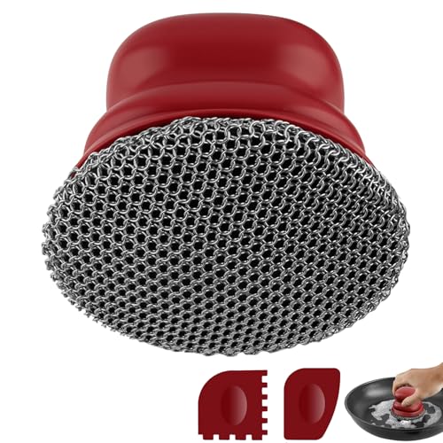 Rascador para sartenes de Hierro Fundido, Limpiador de ollas con 2 rascadores, Cepillo de Limpieza de Malla metálica para Platos, ollas, sartenes, planchas, Parrillas (Rojo Puro, Platos pequeños)