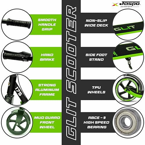 Image of Jaspo Glitmax Metal Kick Scooter 175Mm Pu Wheels, Weight Limit 120 Kg,Front Rear Brakes,Grip Surface,for Tar Roads,3 Size Adjustments for Kids Youth & Adults (Glitmax, Green)
