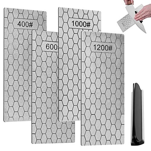 Diamant Schleifstein,4 Stück 400/600/1000/1200 Körnung Diamant Schleifstein Set mit Messerschleifen Winkelhilfe,Ultradünn Diamantschleifplatten Emery sharpening stone