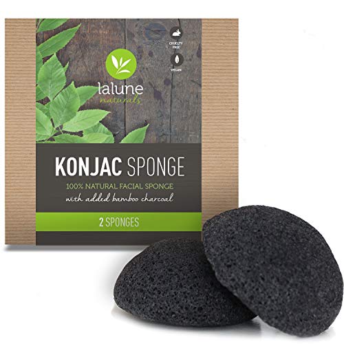 Konjac Sponge with Activated Charcoal - 2 Pack - Konjac Facial Sponge - FREE All-Natural Skin Care eBook & Suction Hook - La Lune Naturals 100% Pure Konjac Cleansing Sponge, Facial Cleansing for Acne
