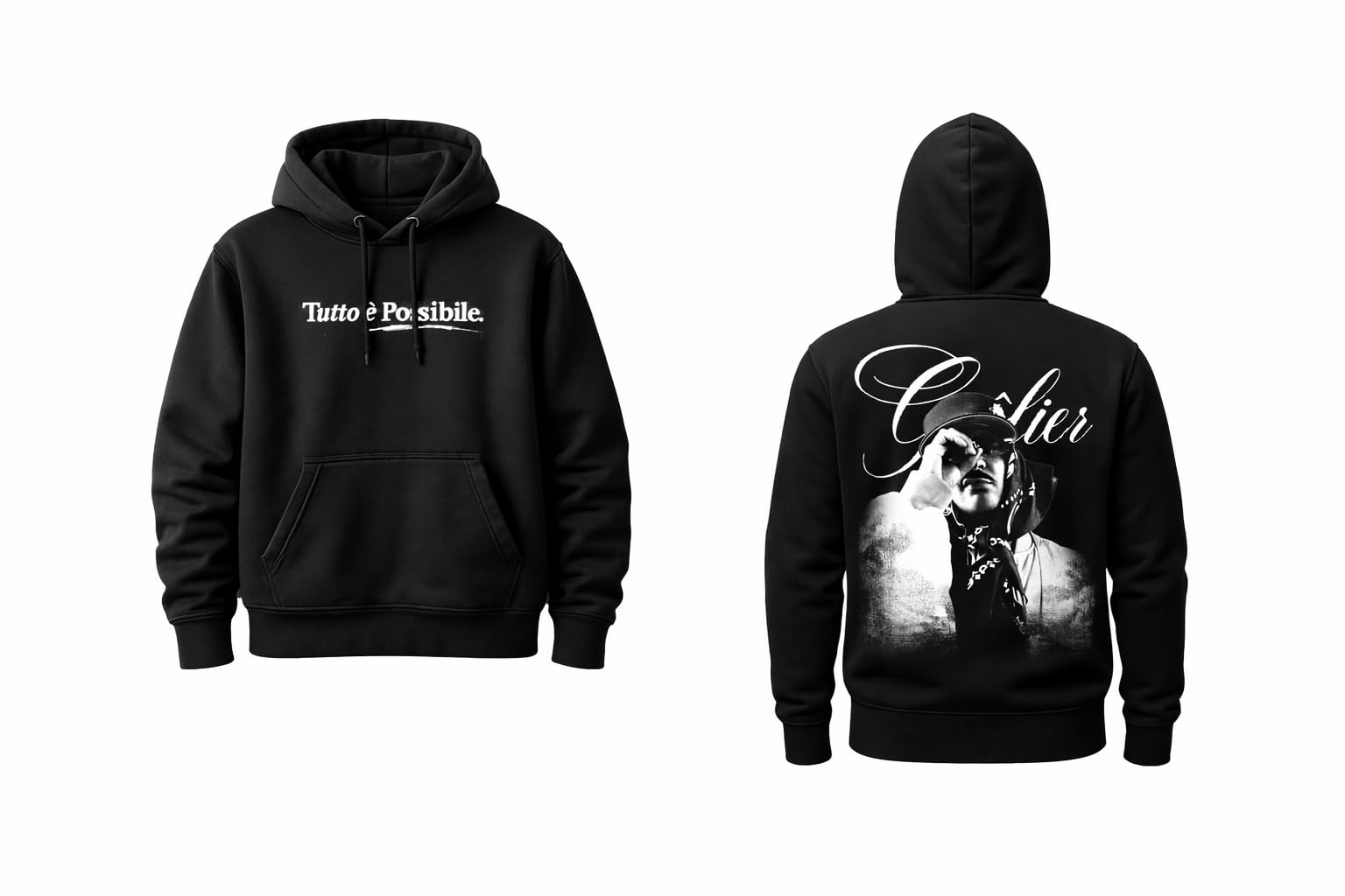 GEOLIER Official “Tutto È Possibile” – Felpa Nera con Cappuccio – Logo Album sul Fronte e Foto Ufficiale sul Retro – Merchandising Ufficiale