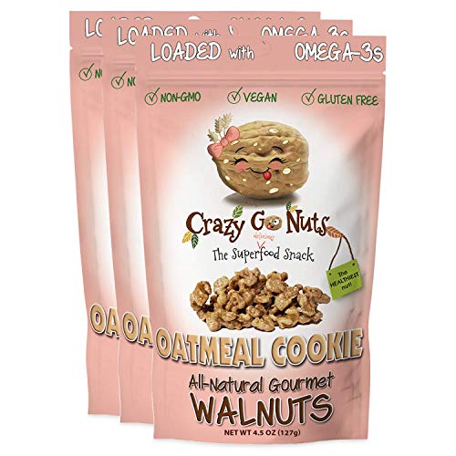Crazy Go Nuts Walnuts Oatmeal Cookie - Glazed Walnuts, Healthy Snacks, Vegan, Gluten Free, Superfood-Natural, Non-GMO, ALA, Omega 3 Fatty Acids, Good Fats, and Antioxidants - 4.5 Oz, 3-Pack
