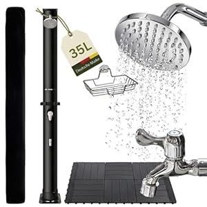 novaterra® Solardusche schwarz mit 35L Tank - Gartendusche & Campingdusche mit Bodenelement, Regenduschkopf, Fußdusche, Schutzhaube & Ablage, Solardusche Garten, Wassererwärmung bis 60°C