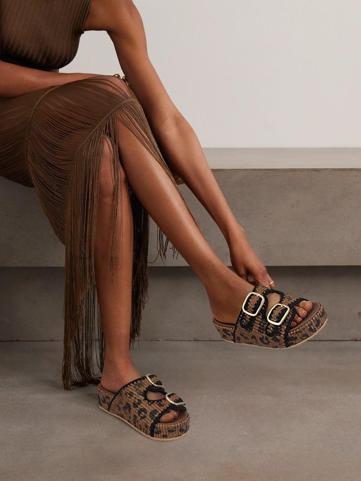 Image of Raffia Sandals for Women Platform Slide Sandals Espadrille Adjustable Double Buckle Summer Comfortable Cute Woven Casual Beach Shoes