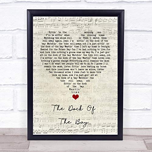 Impresión de música con texto en inglés "Sittin' On The Dock Of The Bay Script Heart Song" Framed Oak Medium